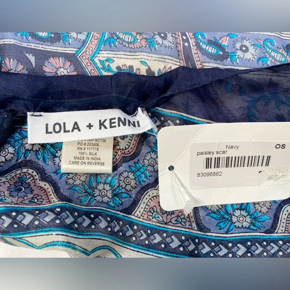 Lola + Kenni New Silk Scarf‎ Blue Paisley and Floral,  38” Square Tassles